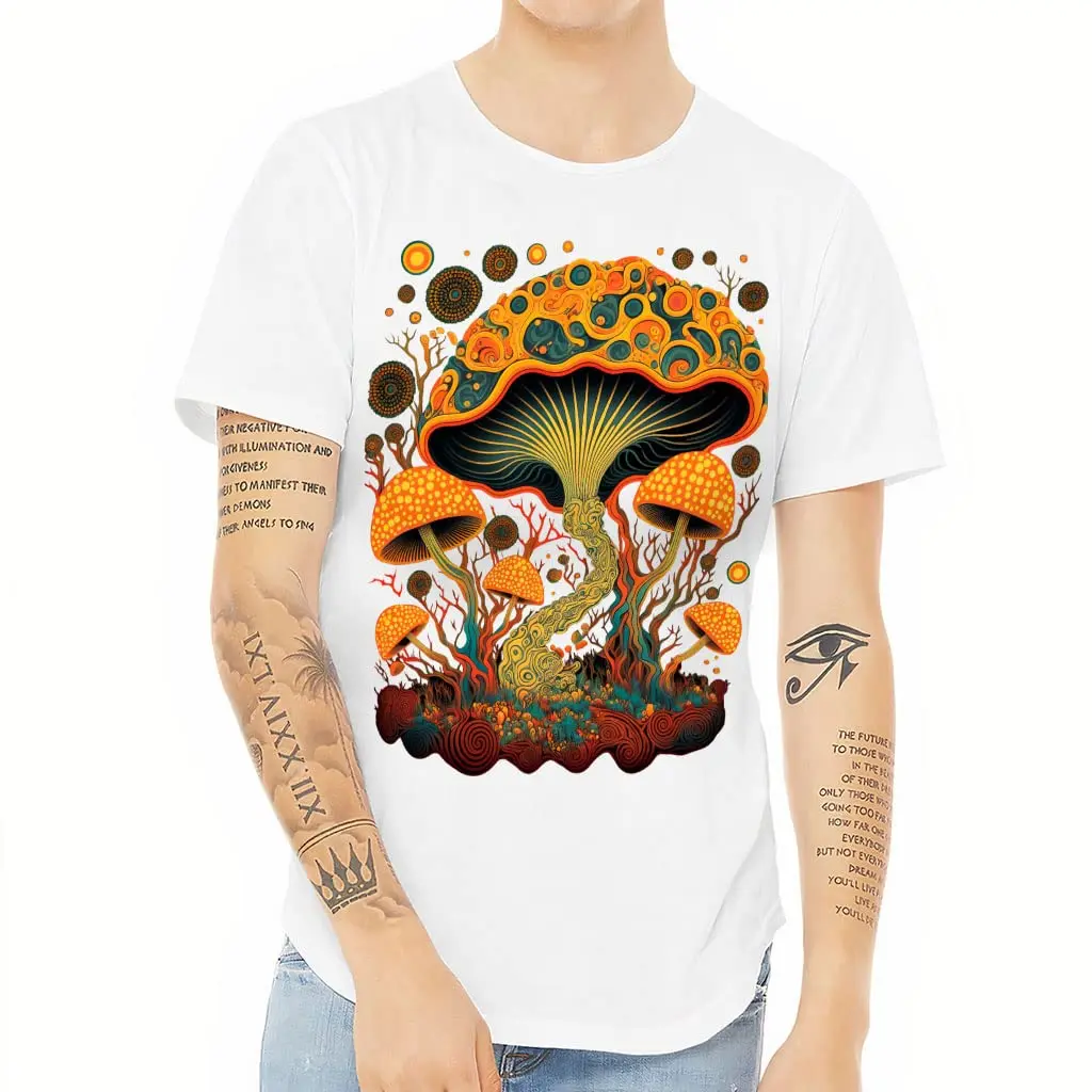 Magic Mushroom Curved Hem T-Shirt  Print   Unique   TeeCartoon Printing  vintage Luxury oversizedAnime