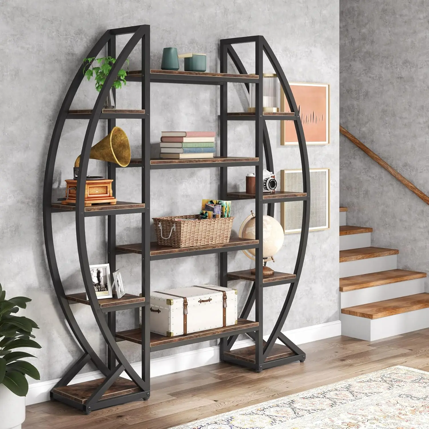 Oval Bookshelf, Triple Wide 5 Tier Etagere Bookcase, Industrial Display Shelves for Living Room (Brown, 55