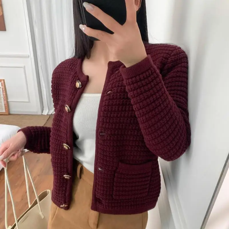 Burgundy Red Color Vintage Knitted O-Neck Cardigan Coat Single Breasted Shoulder Pads Slim Sweater Jacket 2024 Autumn Winter New