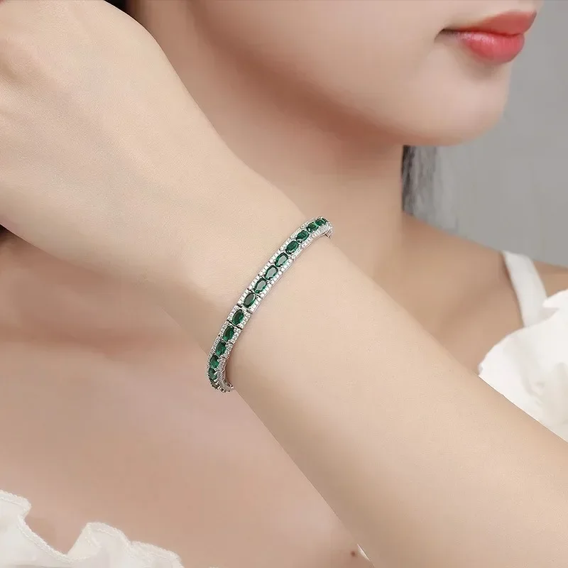 Eldorado Gold  Luxury Solid Platinum PT950 Women's Green Diamond Bracelet Mori Style Ins Niche Design Single Row Full Diamond Te