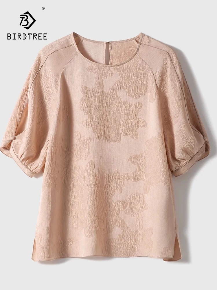 BirdTree-100%Real Silk Guanle Crepe Elegant T-Shirt, Short Sleeve Jacquard, Women Fashion Casual Loose Top, 2026 Spring T63133CC