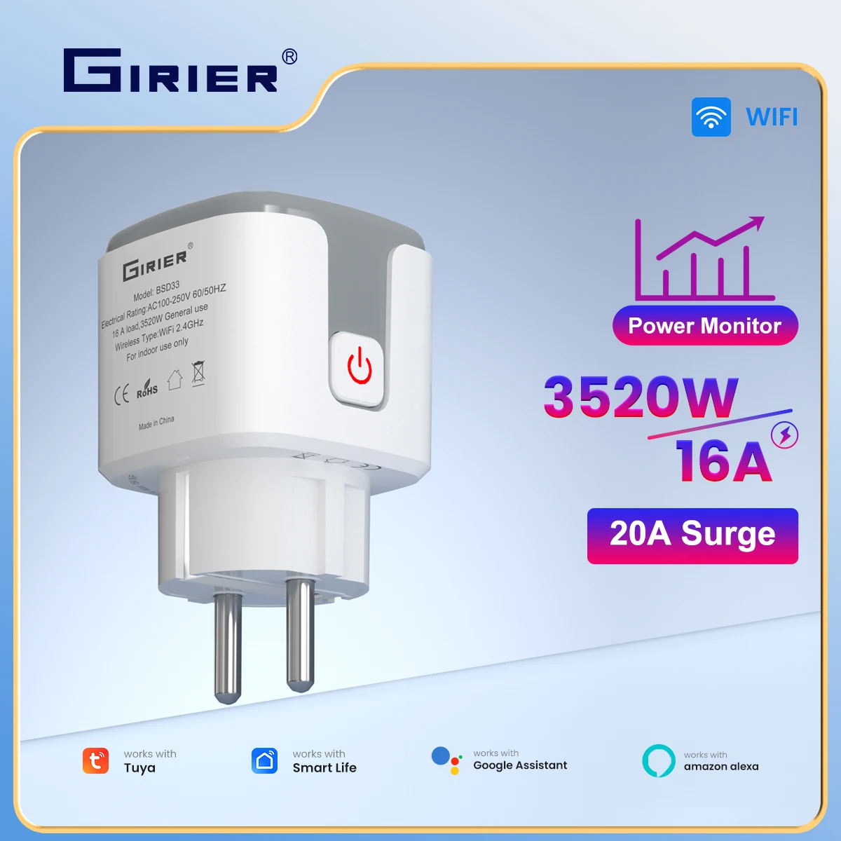 GIRIER Tuya Smart Power Plug 16A WiFi Wireless Wall Socket Outlet 3520W with Power Monitoring Function Supports Alexa Hey Google