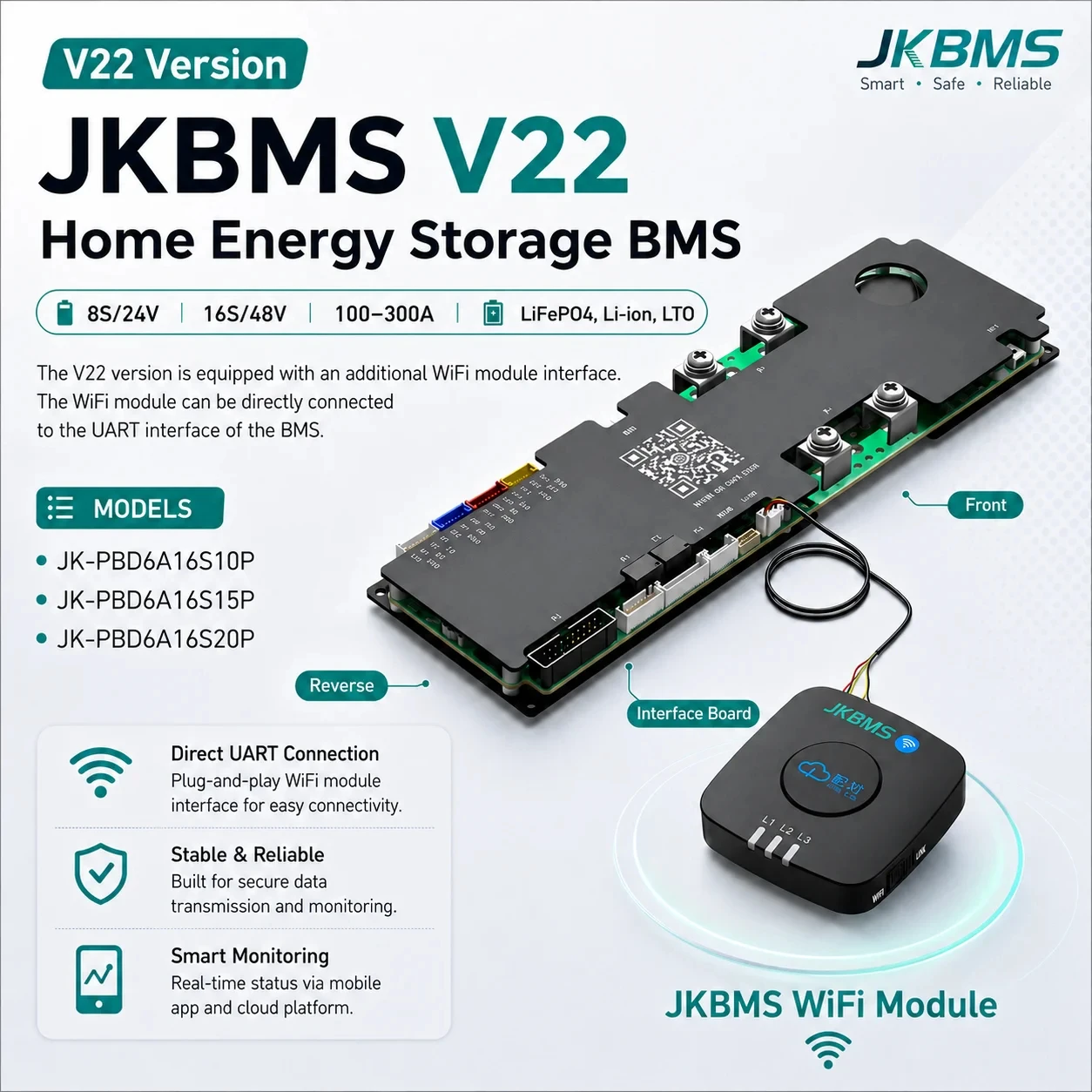 JKBMS WiFi 16S 48V LiFePo4 Smart Family Energiespeicher-BMS für Wechselrichter 0,6A 2A Aktiver Balancer PB2A16S20P V22 WiFi-Verbindung