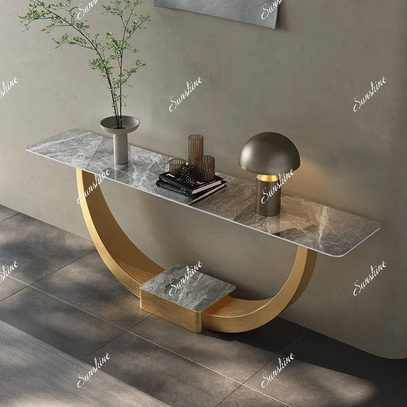 

Italian light luxury rock slab entrance table, villa entry wall narrow table modernYY