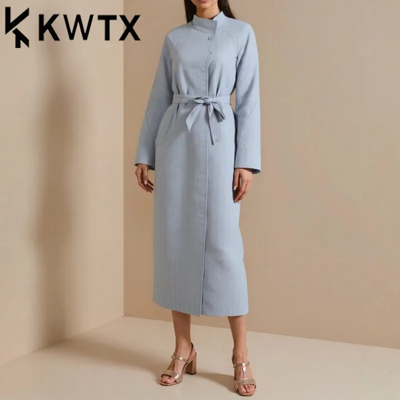 

KWTX Women's Casual Trench Coat Solid Color Stand Collar Belted Waist Pockets Elegant High Quality Spring Summer 2025 Fashion