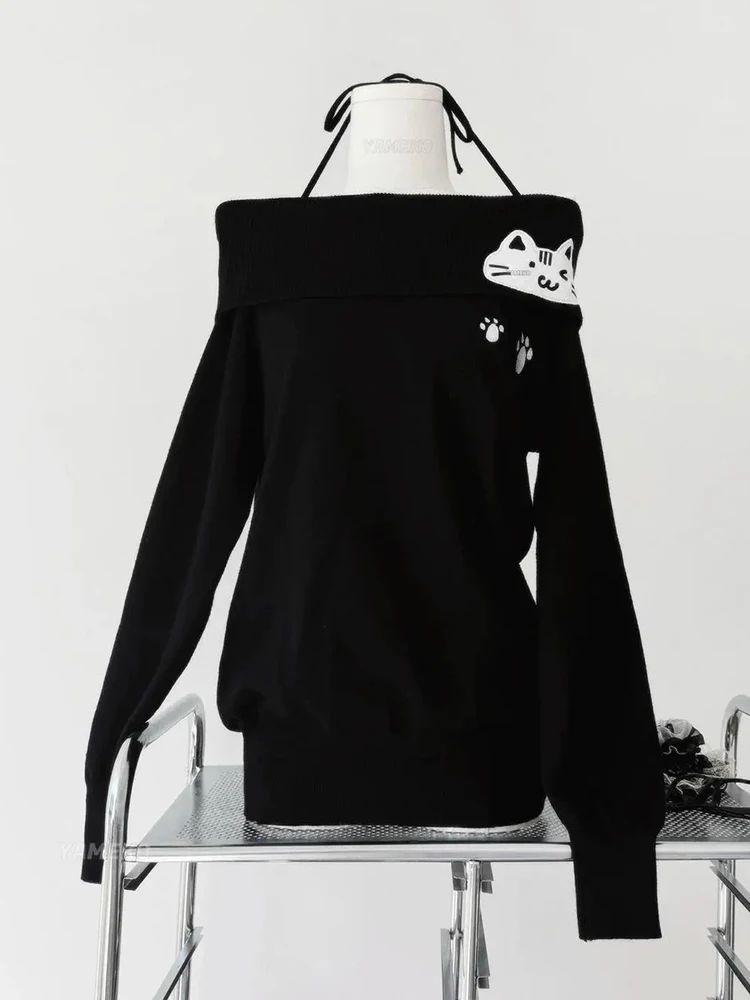Japanese Subculture Cute Sweater Women Y2K Cat Print Slash Neck Kawaii Pullovers Off Shoulder Lace Up Long Sleeve Casual Jumpers