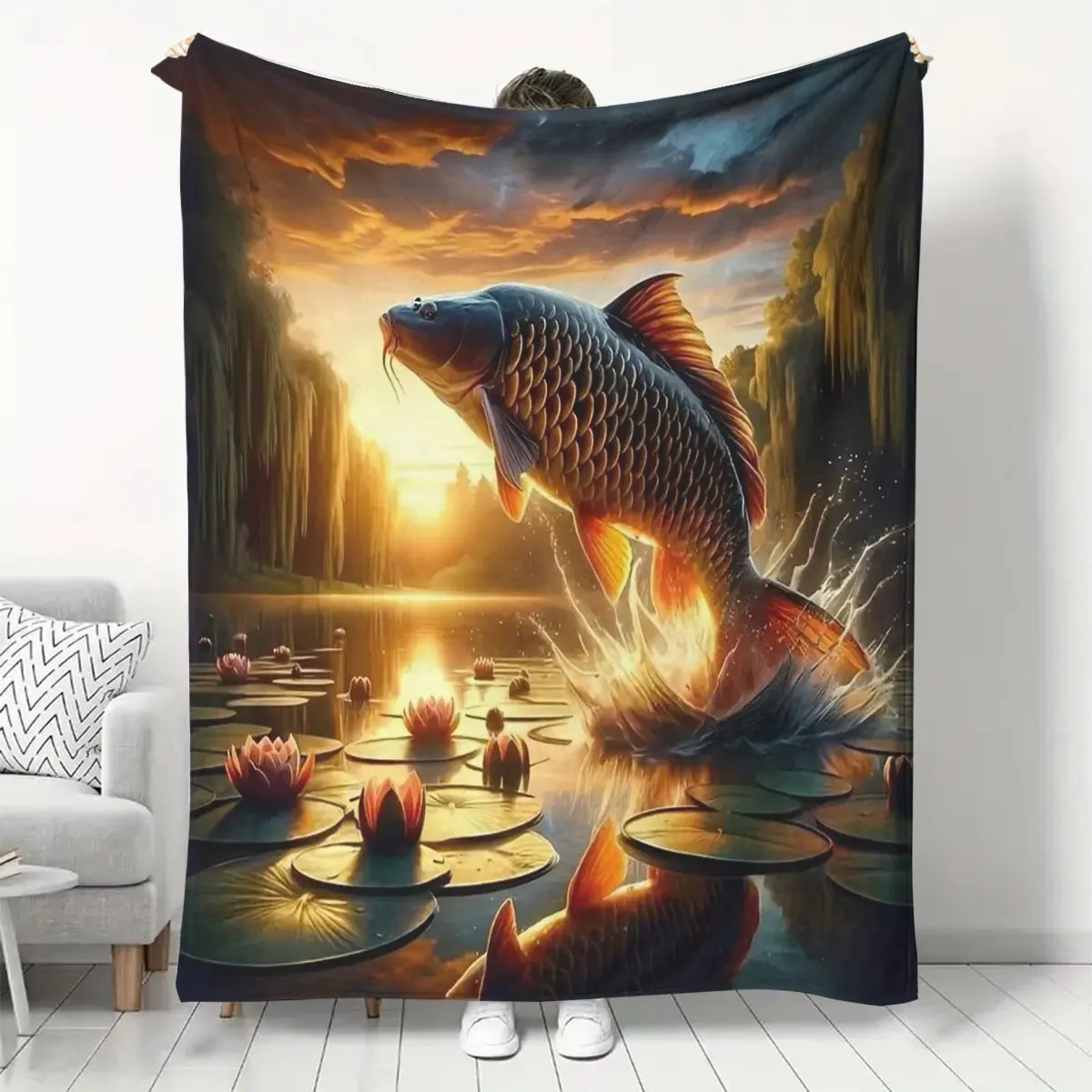 Ultra Soft Koi Fish Sunset Pond Blanket Throw Nature Decor Artistic Spring Autumn Bedspread Gift for Bedroom Living Room