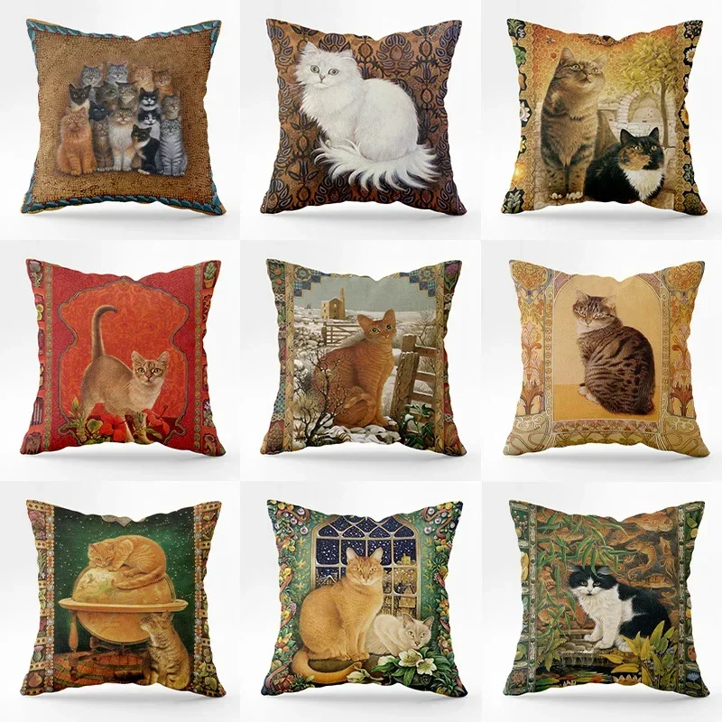 Retro Noble Cat Portrait Pattern Printed Soft Square Pillowslip Polyester Cushion Cover Pillowcase Living Room Home Decor