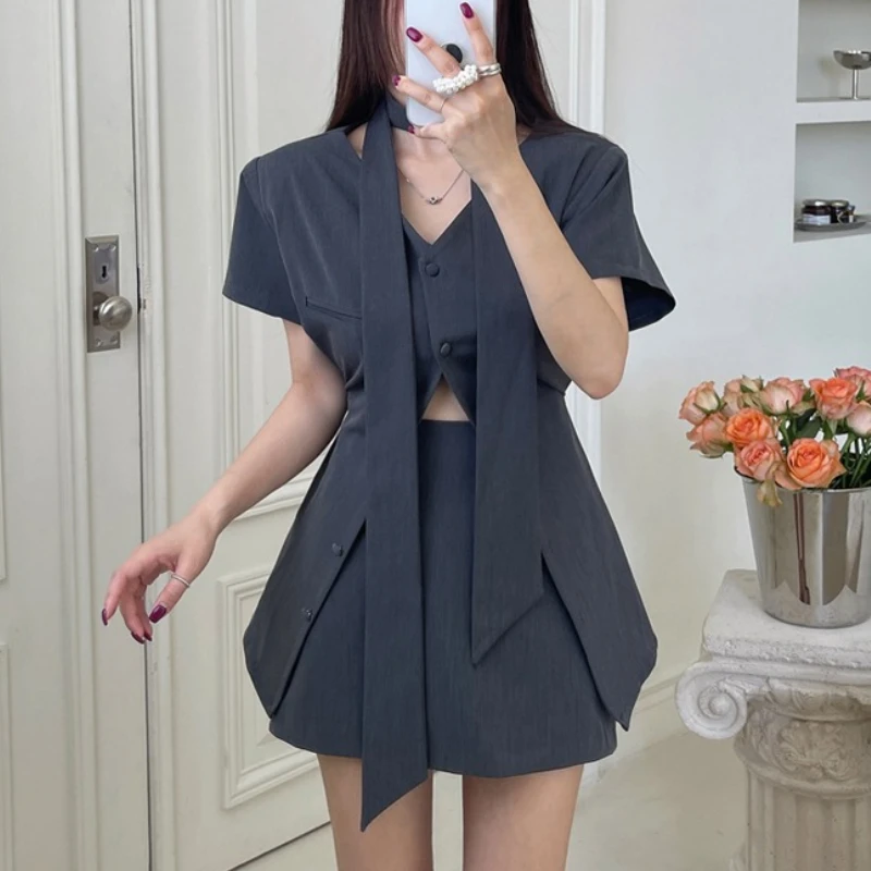

REALEFT Elegant Summer 3 Pieces Women's Skirts Suits 2025 Short Sleeve V-neck Single Breasted Jackets&A-line Skirts Outfits Sets