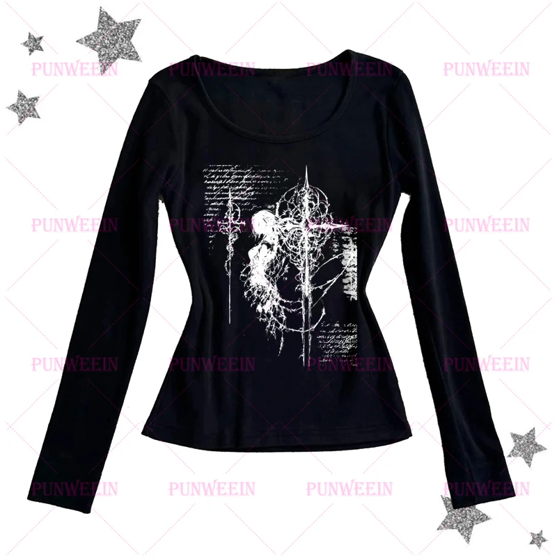 Harajuku esthétique dessin animé Y2k haut court Punk gothique Emo fille japon Anime graphique femmes mince à manches longues imprimé sous-culture T-shirt