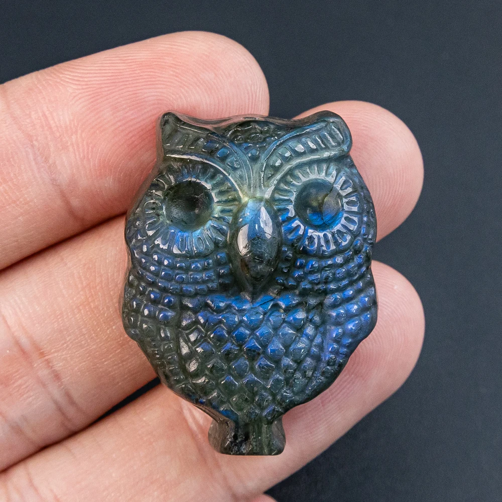 1Pcs Labradorite Pendant Component 36X26X12mm Blue Flash Owl Carved Healing Gem with Hole for Jewelry Making DIY Necklace