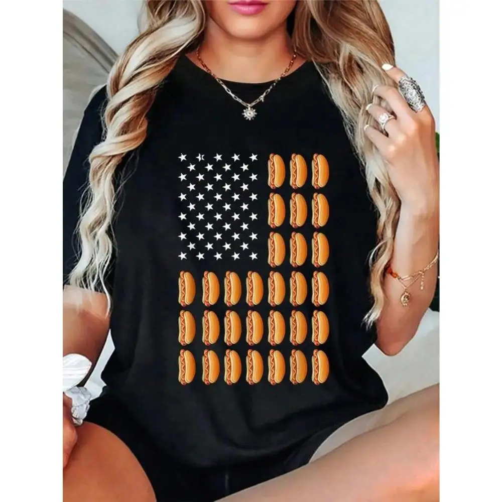 

Funny Hot Dog American Flag T-Shirt for Women, Patriotic USA 4th of July Graphic Tee, Summer BBQ Party Novelty Top