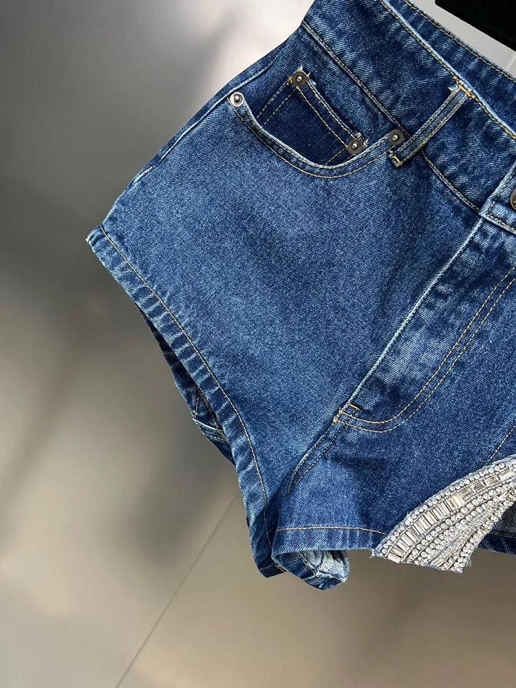 DEAT Trend Hem Diamond Patchwork Slit Denim Shorts Women High Waist Vintage Pattern Short Jeans Female 2023 Summer New 11XX2244