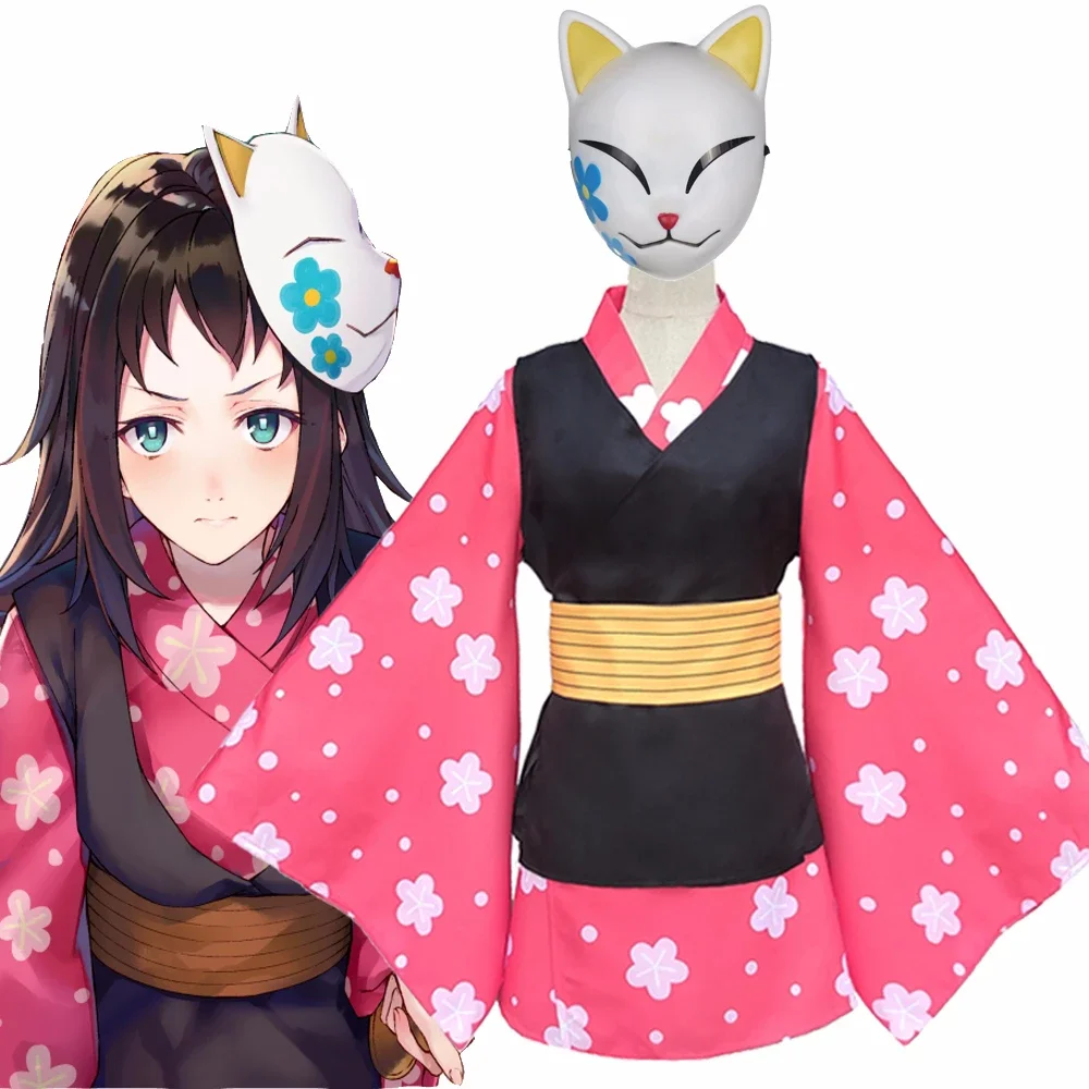 

Japanese Anime Kimetsu No Yaiba Makomo Full Set Anime Cosplay Costume Women Kimono Uniform PVC Mask Wig Halloween Party Suit