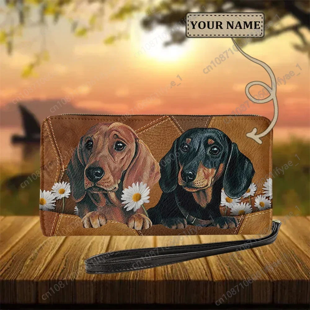 

Women's Leather Long Change Bag Cute Dachshund Printing Wristlet Purse with Zipper Ladies Multifunction Card Holder Cash Pouch