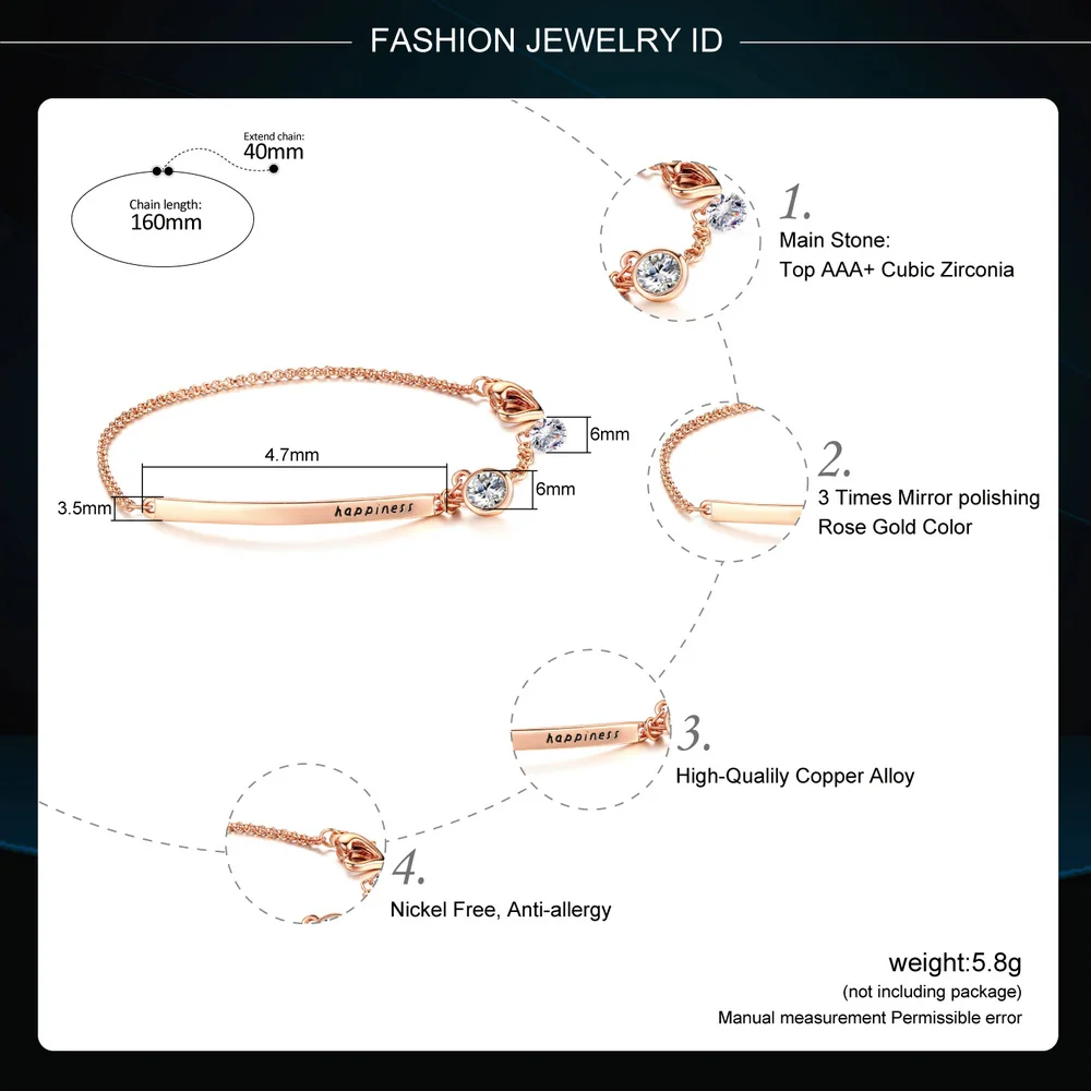 Anti Allergy OL Style AAA+ Cubic Zirconia Fashion Bracelets &Bangles Rose Gold Color Crystal Jewelry For Women pulseras DWH195