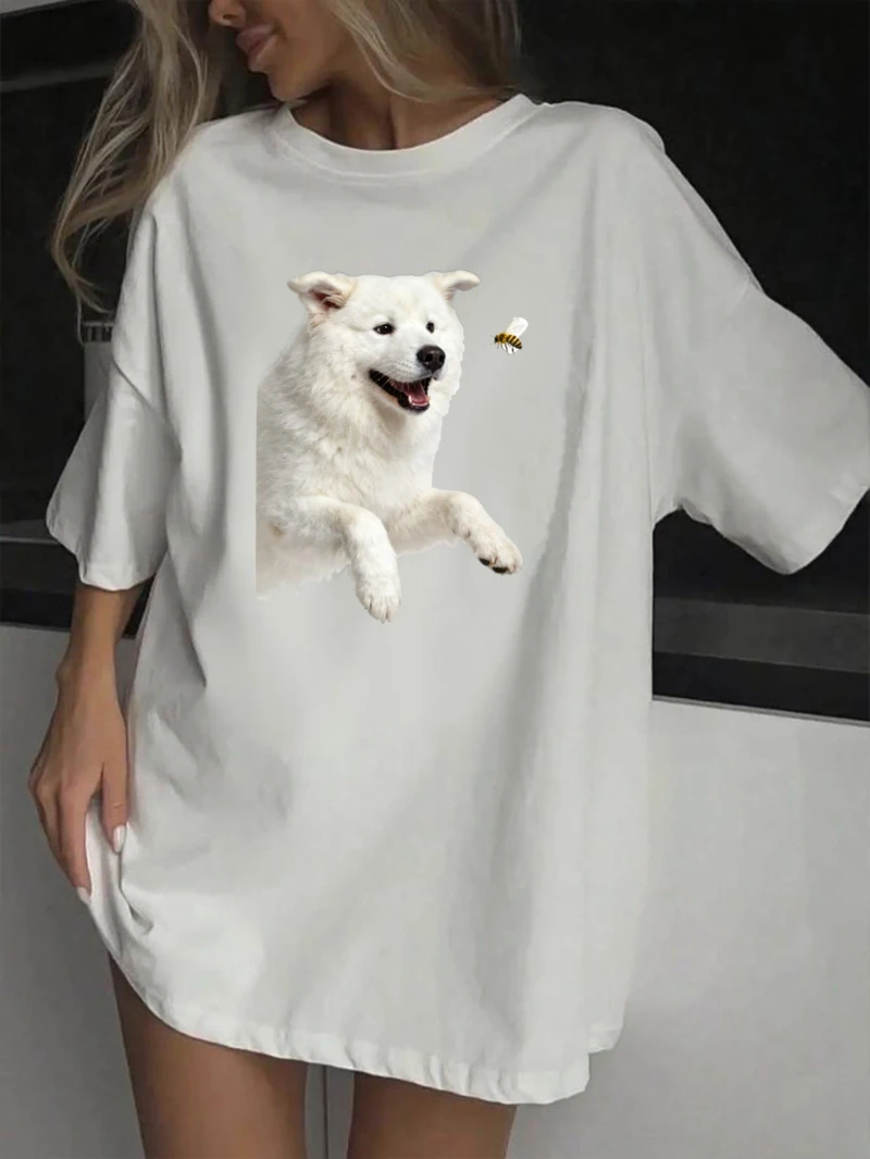 

Женская футболка с короткими рукавами и белым длинношерстным принтом собаки, круглым вырезом, свободный крой, стильная летняя женская одежда для пар