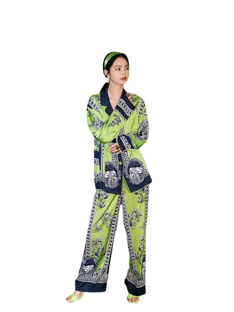 Boho Style Women Green Pajama Set Silk Summer Ladies Homewear Can Be Worn Outside Luxury Satin Comfortable Pyjama For Female