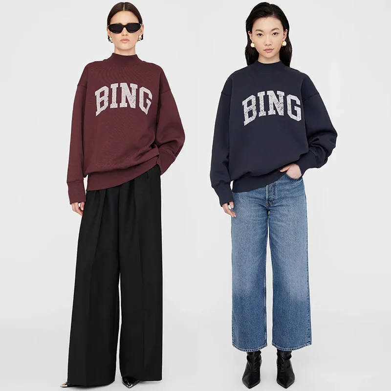 Winter New North American Niche AB Classic Letter BING Printed Inner Fleece High Neck Loose Women's Sweatshirt