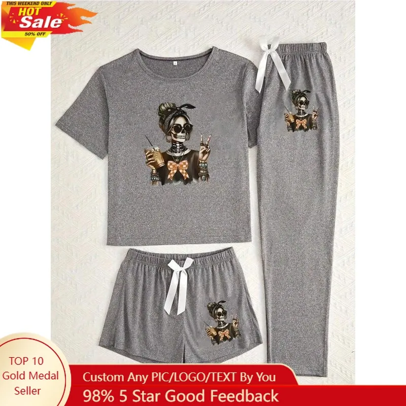 

Halloween Skull Girl Print Pajama Set for Women, Casual Fitted Sleepwear, All Seasons Comfortable Nightwear, Moderate Fabric Thi