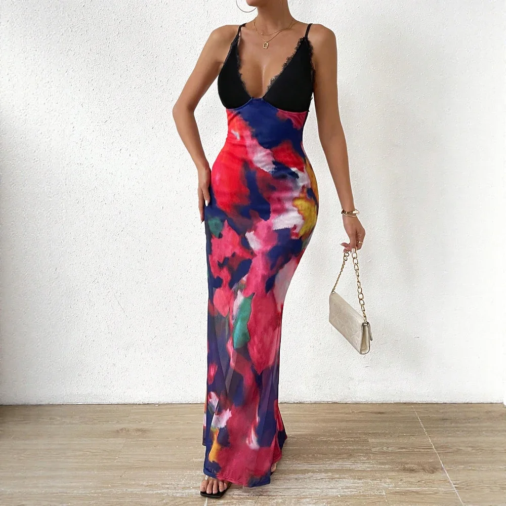 女性のサマードレス蒸し暑いエレガンス花柄 V ネック半袖フィットウエストマーメイドシルエットパーティーウェア ​