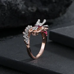 Exquisite Rose Gold Colors Dragon Rings for Women Trendy Metal Inlaid White Stone Wedding  Engagement Jewelry