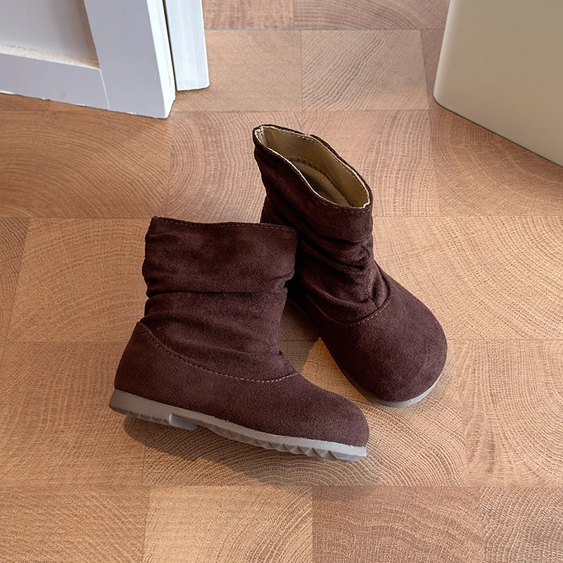 Simple Little Girls Ankle Boots Solid Color Retro Children's Fashion Boots Round-to Slip-on Causal Kids Outdoor Leather Boots