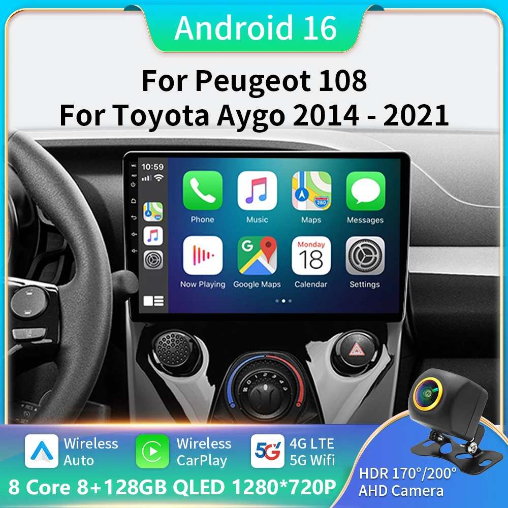 

Android 16 Car Radio For Toyota Aygo Peugeot 108 Citroen C1 2014 - 2021 Auto Multimedia Player Stereo 5G WIFI Carplay BT GPS DVD