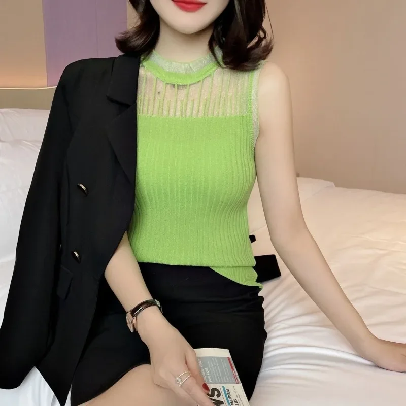2024 Summer New Lace Temperament Sleeveless Knitted Suspender Sexy Solid Color Simple Niche Sweet Outfit Slim Fit Tank Top