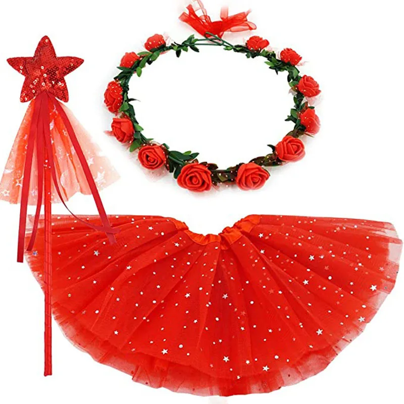 女の子プリンセス妖精チュチュスカート、フラワークラウンリースヘッドバンド、魔法の杖付き、誕生日パーティーの記念品、コスチューム、コスプレ、ハロウィン