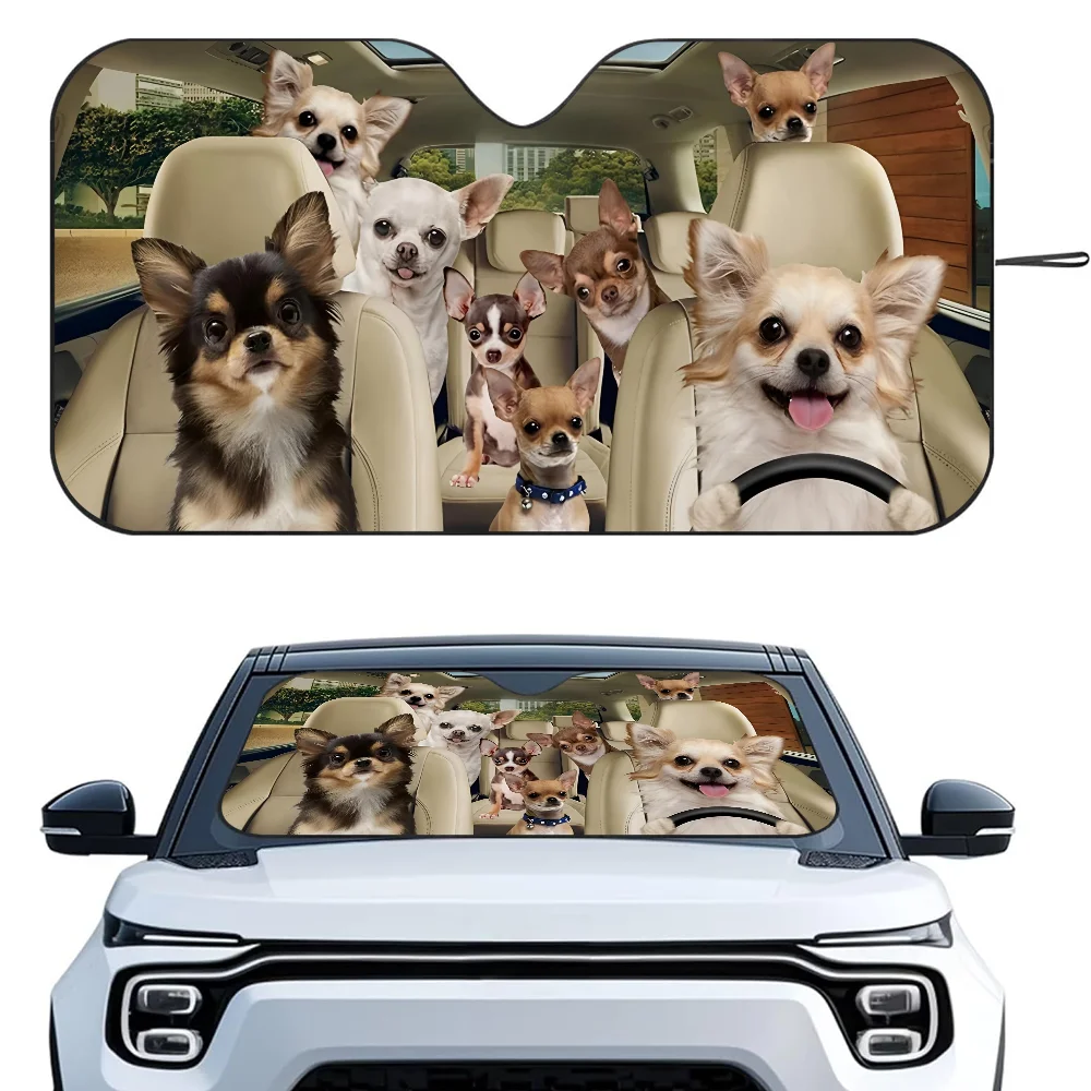 Chihuahua Familie Auto Sonnenschutz Vorhänge Wärmeisolierende Aluminiumfolie Wiederverwendbare Saugnapfblöcke UV-Strahlen Auto Sonnenblende Schutz