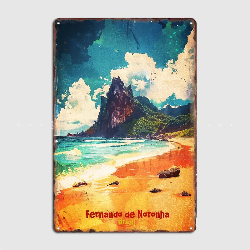 Pôster Retrô de Metal Fernando de Noronha: Decoração de Parede para Garagem, Clube, Ambientes Internos e Casa - Placa Personalizada de Estanho para Decoração de Interiores