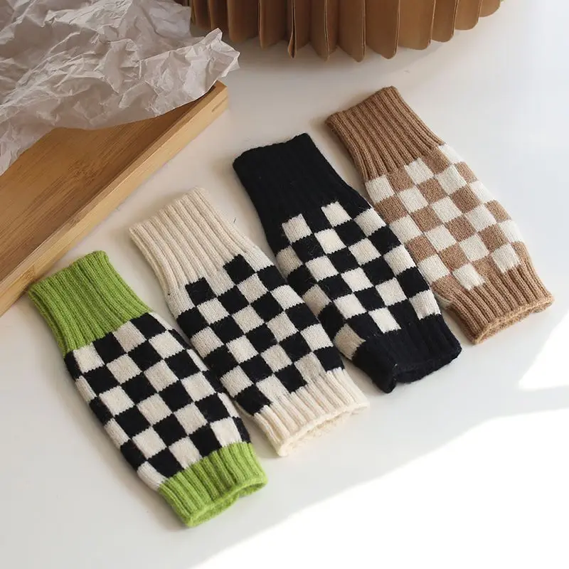 Women's Fashion Hand Warmer Winter Gloves Arm Crochet Warm Fingerless Gloves Plaid Pattern Women's Gloves