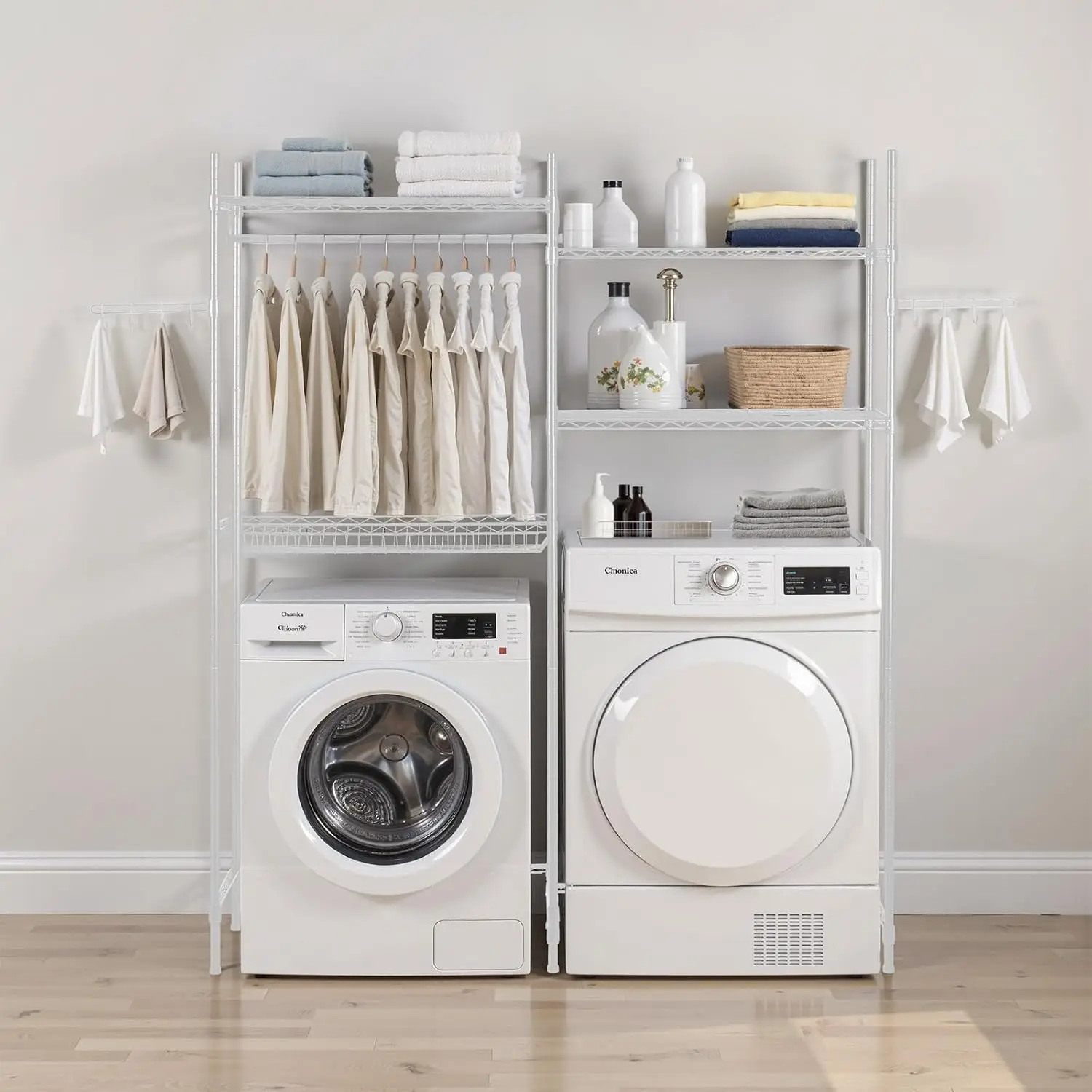 Over The Washer and Dryer Storage Shelf, 4 Tier Laundry Room Drying Rack with Hanger Rod and Hooks, Adjustable Over Washer Dryer