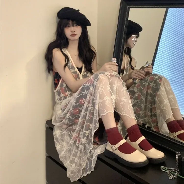 

Elegant Vintage Rose Print Camisole Dresses+ V-neck Sleeveless Lace See Through Mesh Vest Dress for Women Two Piece Sets