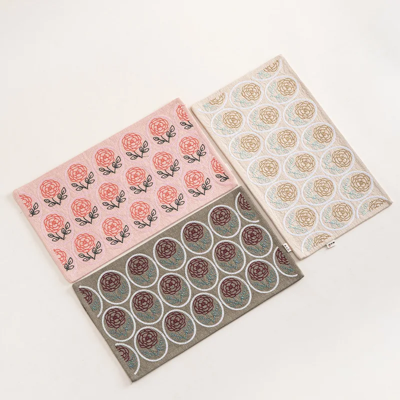 Embroidered Rose Cotton Linen Tea Runner, Dry Brew Mat, Heat Resistant Pad for Teapot & Teacup, Household Table Decor