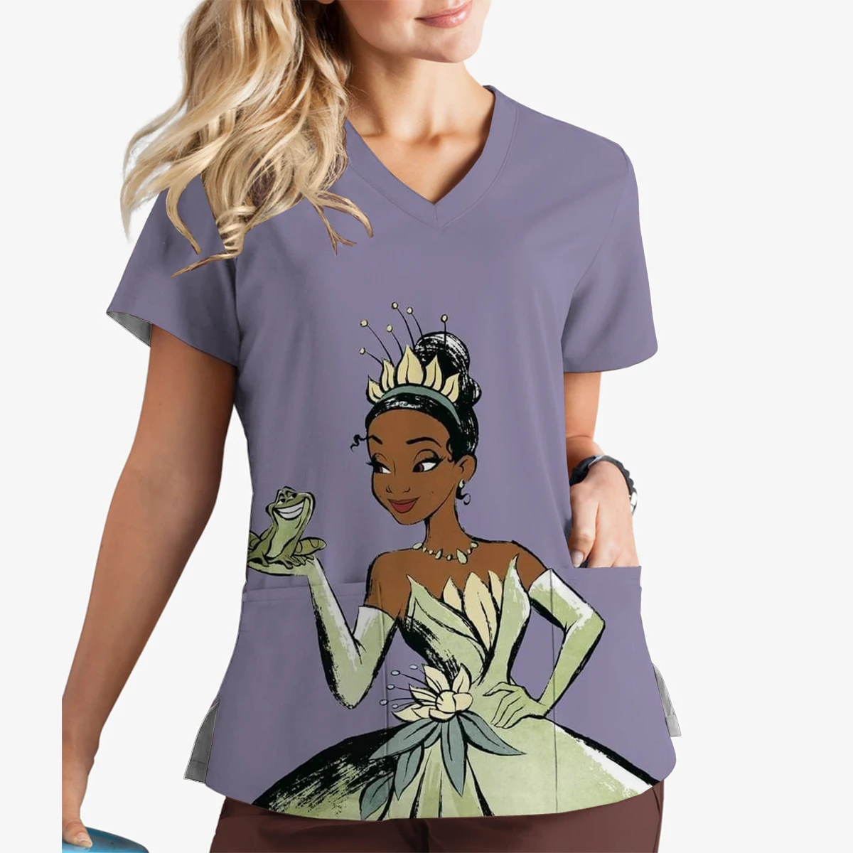 Summer Disney Tiana Princess Print V-Neck Print Scrub Top Surgeon Work Clothes Doctor Nurse Surgical Gown Women