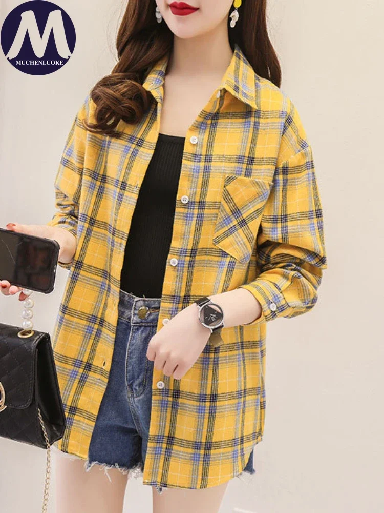 Women's Korean Fashion Long Sleeve Plaid Shirt Spring Autumn Retro Style Casual Loose Versatile Clothing