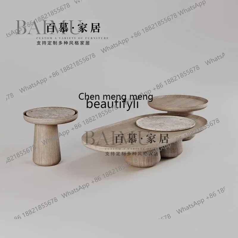New arrive Light luxury modern high-end sense pure natural marble simple home living room solid wood coffee table wabi sabi coff