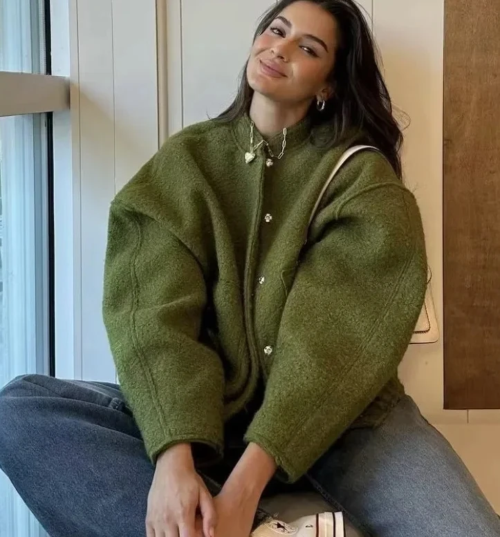 Woman's Oversized Bomber Jacket Autumn New Round Neck Long Sleeve Pocket Hidden Button Loose Jackets Coat Female Outerwear