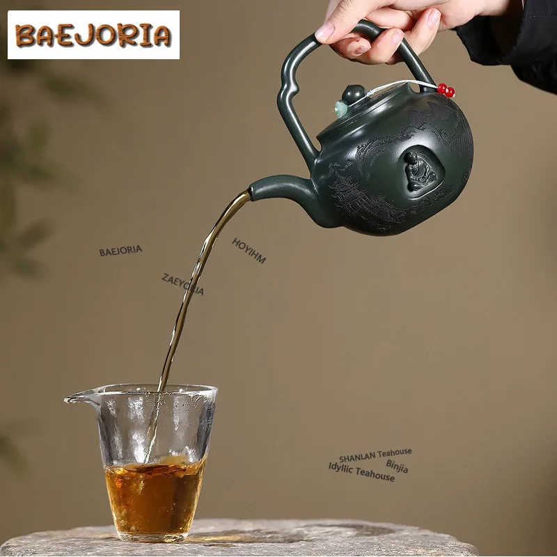 BAEJORIA 420ml Luxury Yixing Purple Clay Teapots Handmade Lifting Handle Pot Raw Ore Blackish Green Mud Tea Making Kettle Zisha