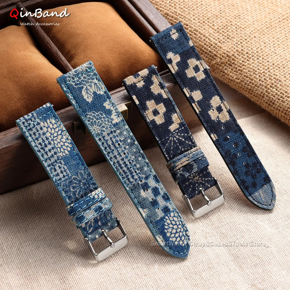 20mm 22mm Vintage Indigo Watch Band Quick Release Watch Strap Printed Textile Band Men & Women Soft Nylon Cloth Wristwatch Band