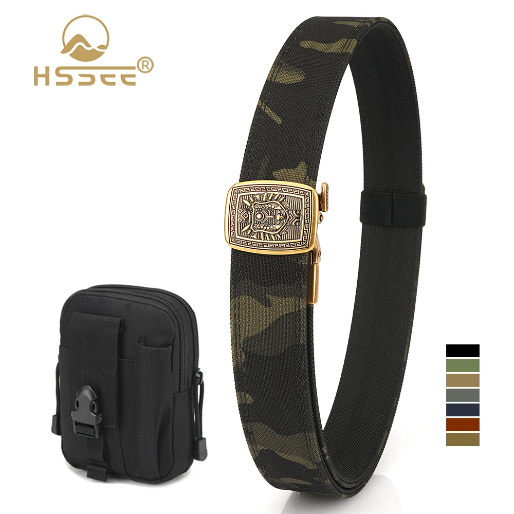 

HSSEE 2026 Men's Hard Belt Thick Genuine Nylon Hunting Tactical Belt Metal Automatic Buckle Casual Work Belt Male Waistband