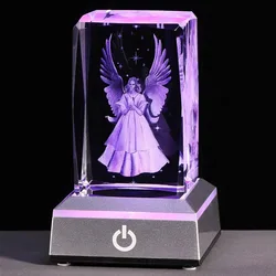 3D Crystal Guardian Angel Figurine with Colorful Light Base, Laser Engraved Glass Angel Gifts, Collectible Figurines Statues