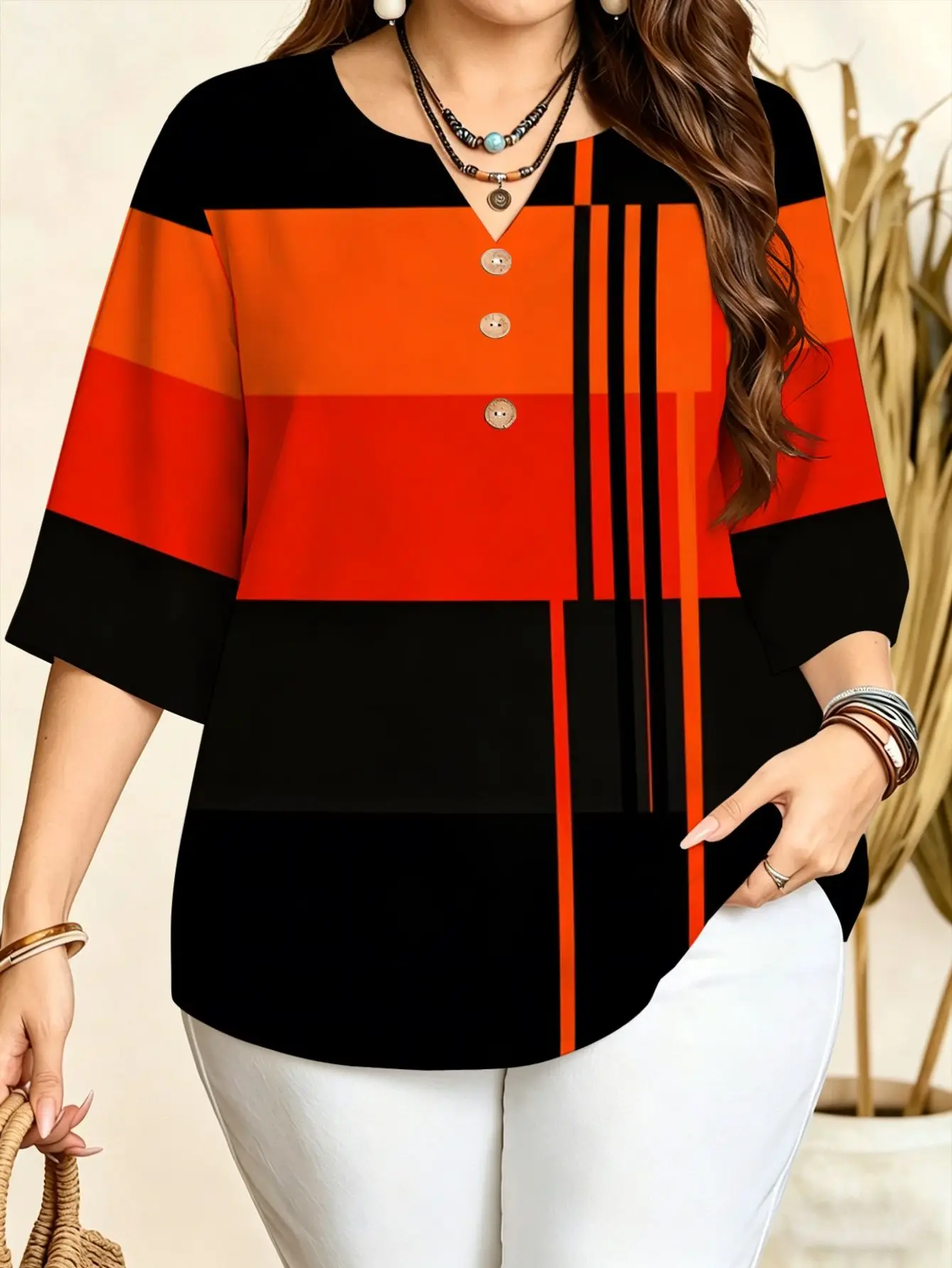 5 Styles Color Block Striped Blouses Notch V Neck 3/4 Sleeve Loose Plus Size Women Casual Daily Tops