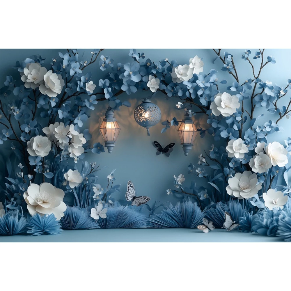 Blue Flowers Butterfly Floral Arch Wedding Photography Background Kids Birthday Party Bride Maternity Portrait Photo Background