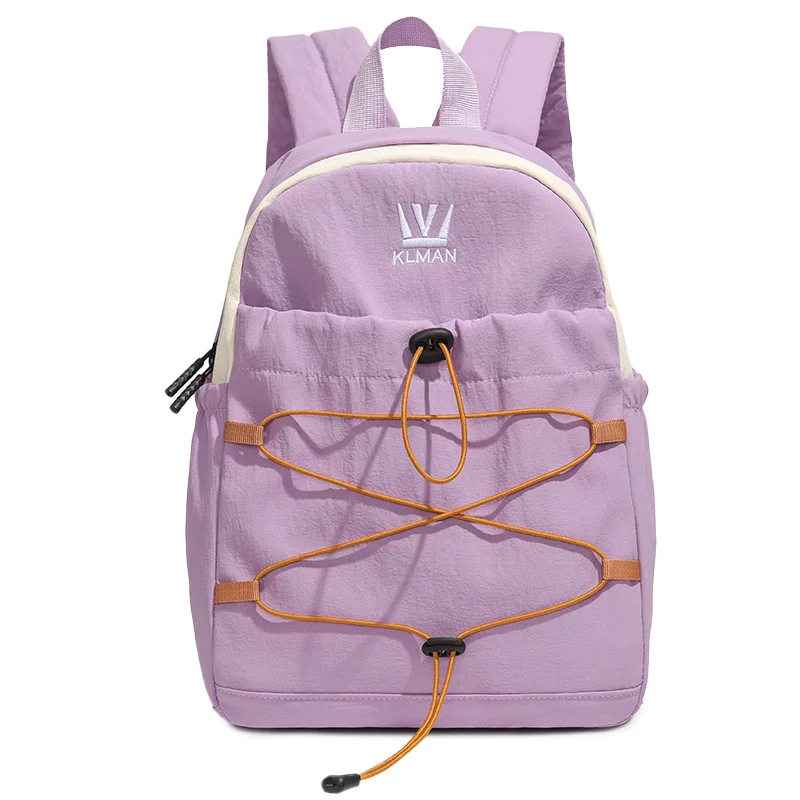 Women's Light Purple Nylon Backpack with Elastic Cord and Front Pocket Casual Outdoor Hiking Daypack for Travel Daily