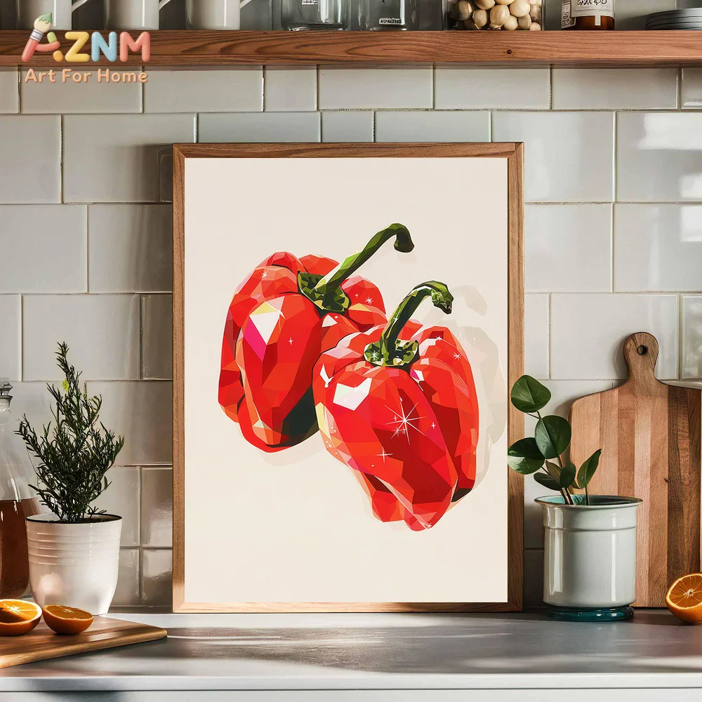AZNM Geometric Red Bell Pepper Canvas Wall Art Minimalist Vegetable Polygon Art Print Unframed Canvas Painting for Kitchen Dinin