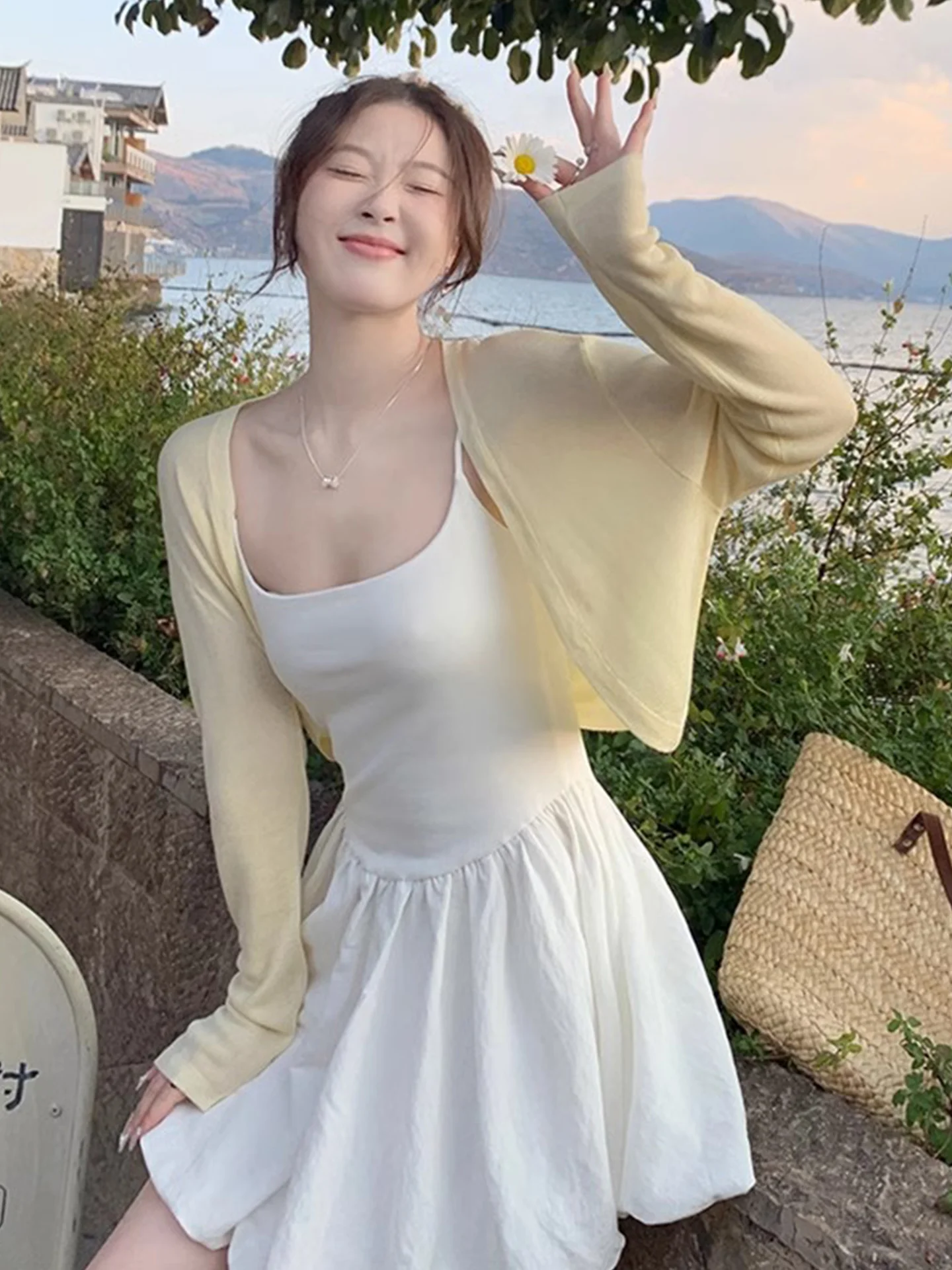 

Yellow Short Thin Cardigan Women's Summer Outerwear with Strap Vest Top Sun Protection Shoulder Pad Jacket Sweet Style Knitte...