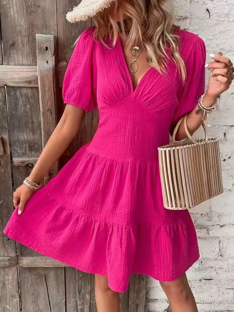Party Dresses  Woman Summer New Fashion Deep V Bubble Sleeve Resort Pleated Dress Skirts Y2k Woman Clothing view 5